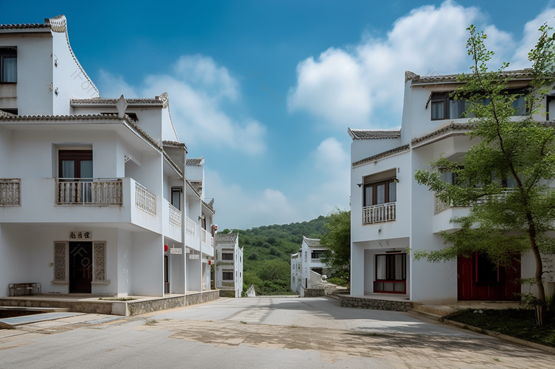 特色小镇白色洋房干净道路蓝天白云景色实拍摄影图,高清,摄影图,摄影图片,图片大全,摄影图免费下载